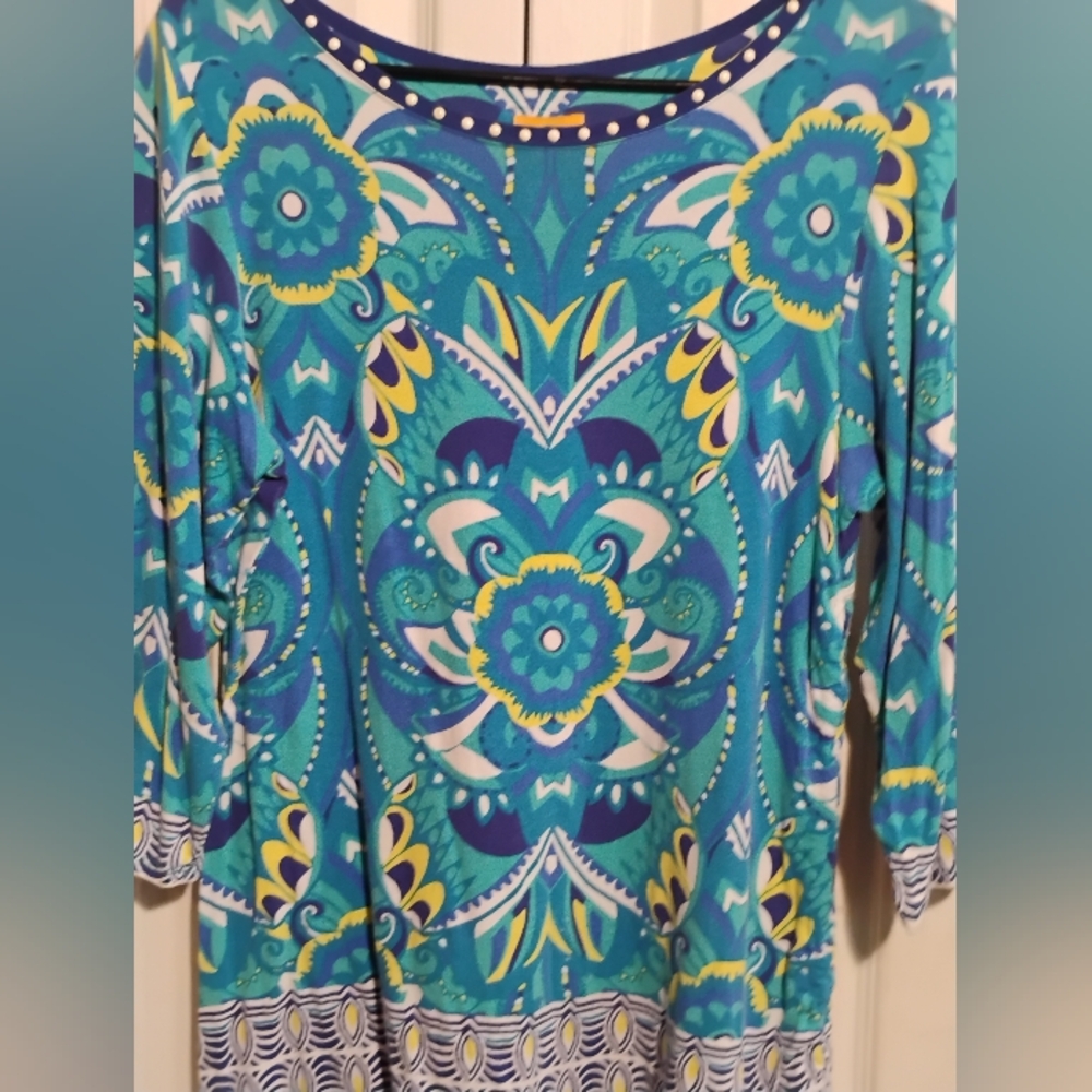 Ruby Road Boho Artsy Funky Blue 3/4 Sleeve Tunic M Mixed Print